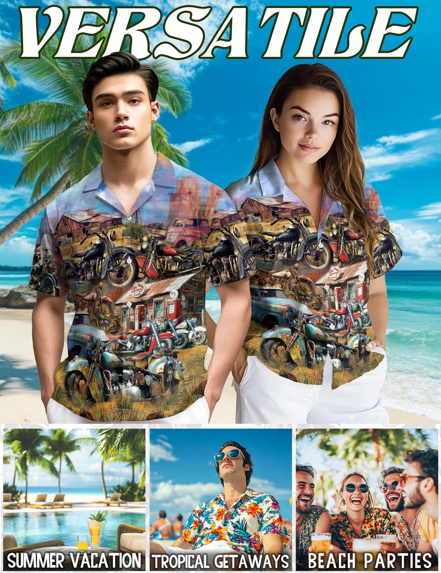 Netecom Vintage Motorcycle Hawaiian Shirt for Men Women, Retro Style, Button Down Summer Beach Short Sleeve, S-5XL
