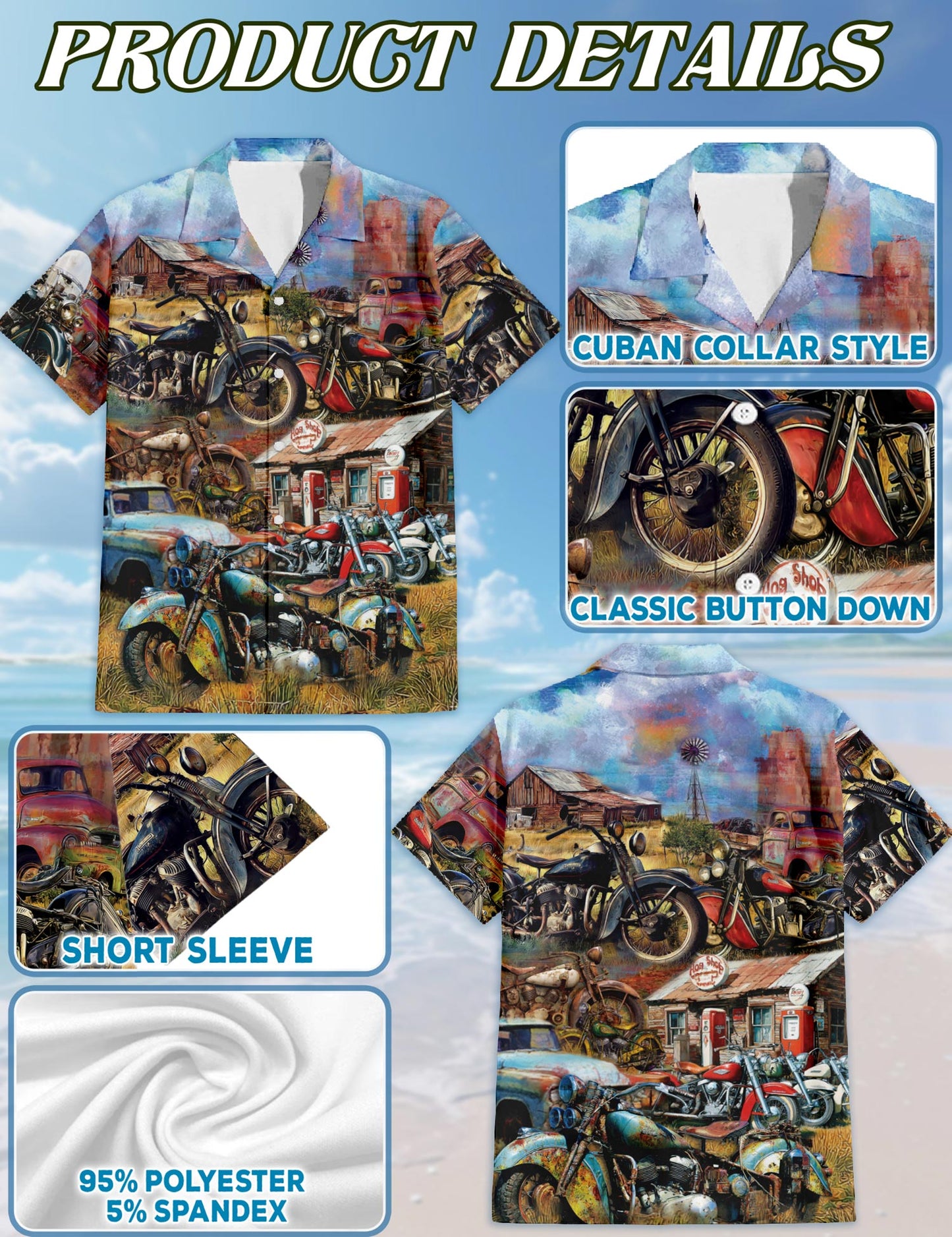 Netecom Vintage Motorcycle Hawaiian Shirt for Men Women, Retro Style, Button Down Summer Beach Short Sleeve, S-5XL