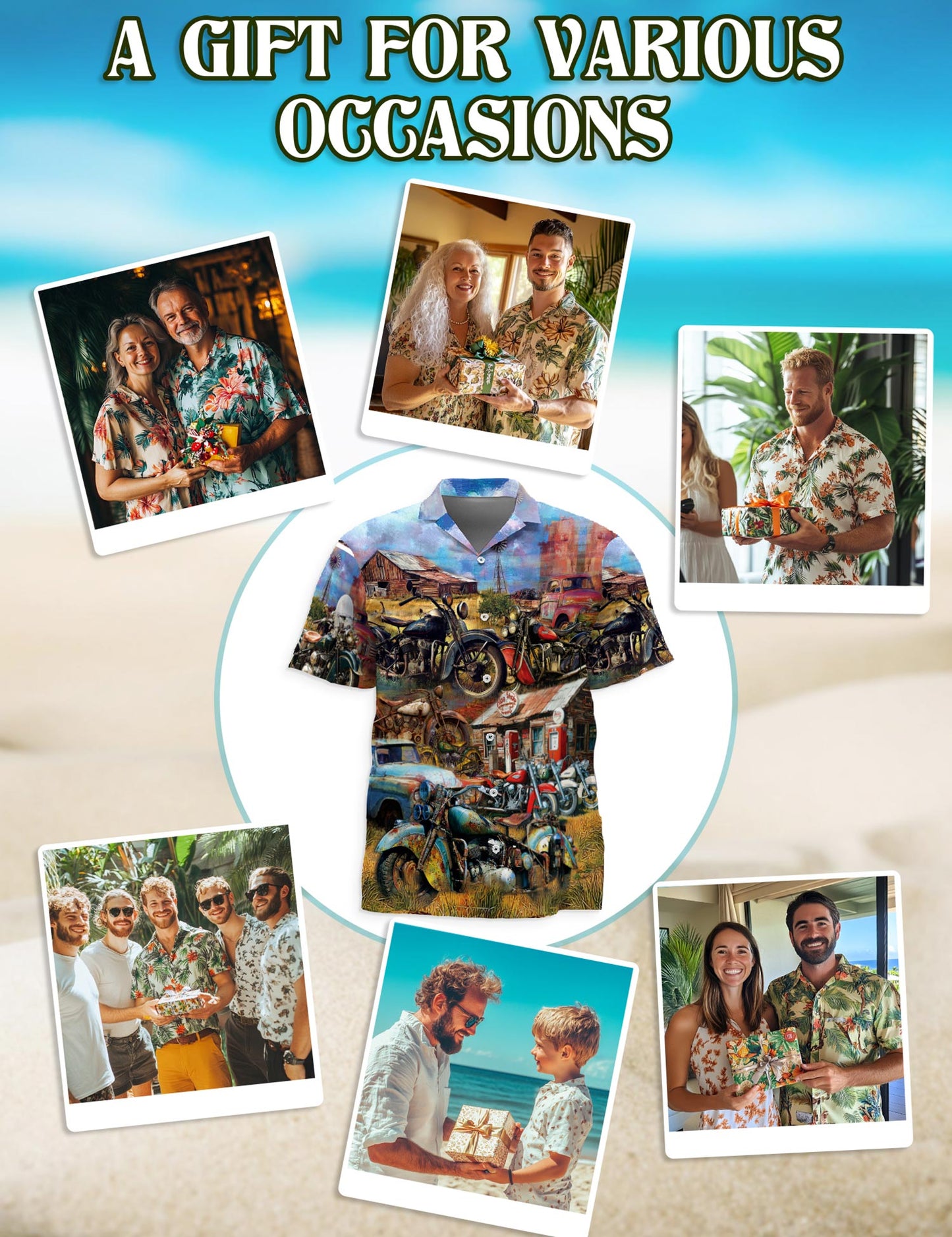 Netecom Vintage Motorcycle Hawaiian Shirt for Men Women, Retro Style, Button Down Summer Beach Short Sleeve, S-5XL