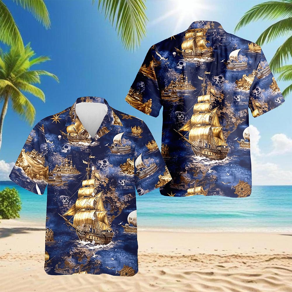 Netecom Vintage Pirate Ship Hawaiian Shirt for Men, Sailor Gift, Nautical Boat Captain Button Down Summer Beach Shirt, S-5XL