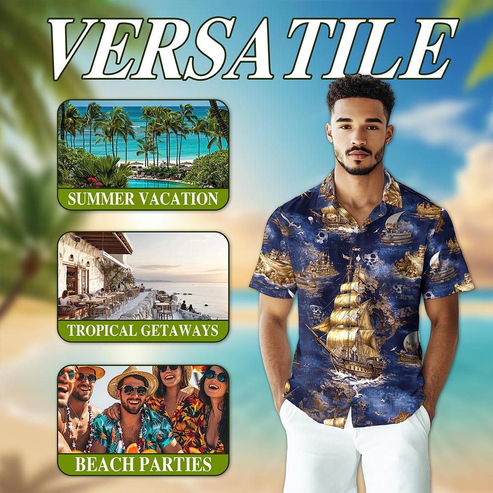 Netecom Vintage Pirate Ship Hawaiian Shirt for Men, Sailor Gift, Nautical Boat Captain Button Down Summer Beach Shirt, S-5XL