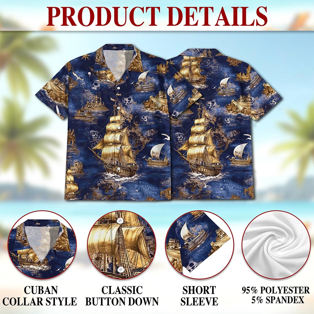 Netecom Vintage Pirate Ship Hawaiian Shirt for Men, Sailor Gift, Nautical Boat Captain Button Down Summer Beach Shirt, S-5XL