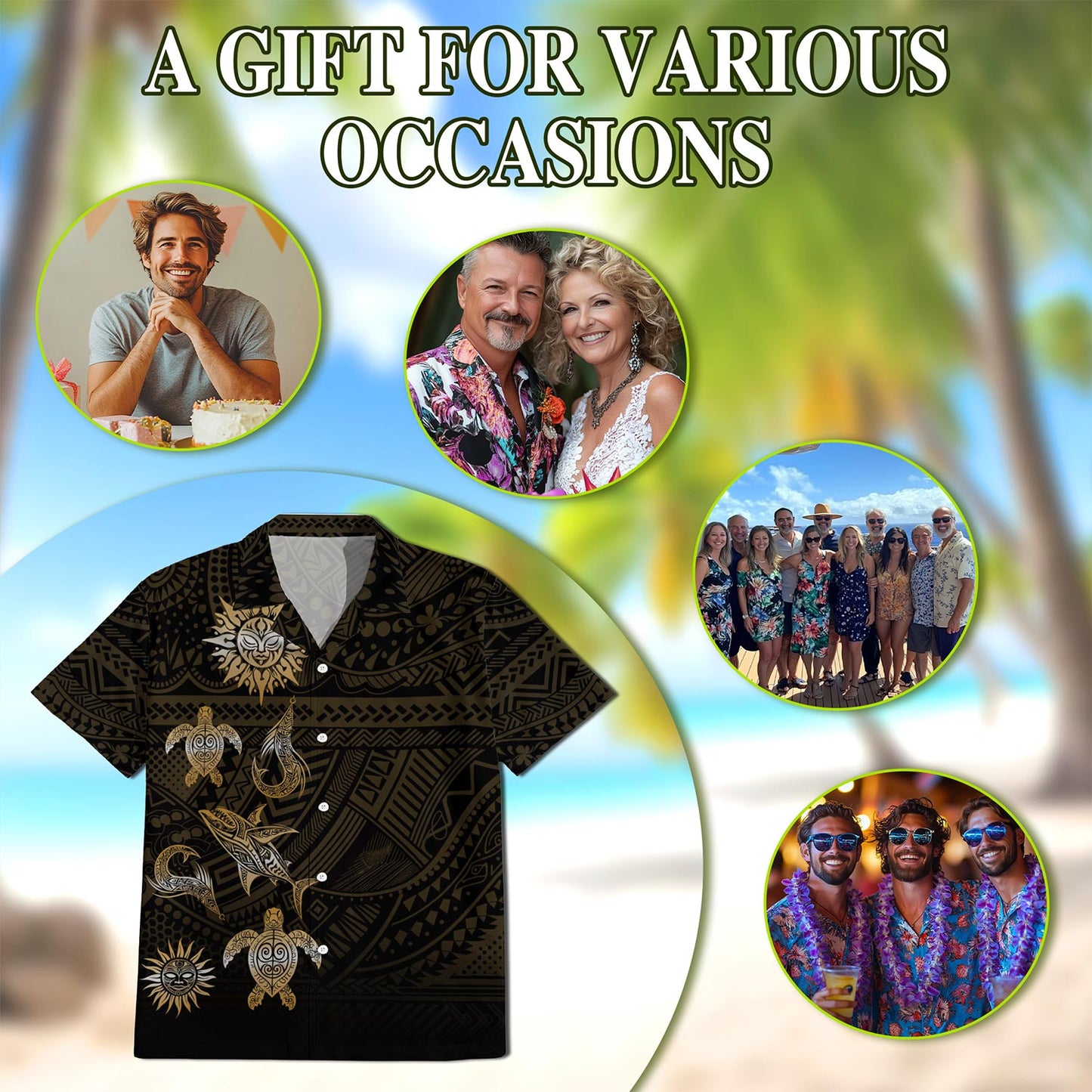 Netecom Vintage Polynesian Tribal Hawaiian Shirt for Men, Ocean Sea Turtle Button Down Summer Beach Short Sleeve, S-5XL