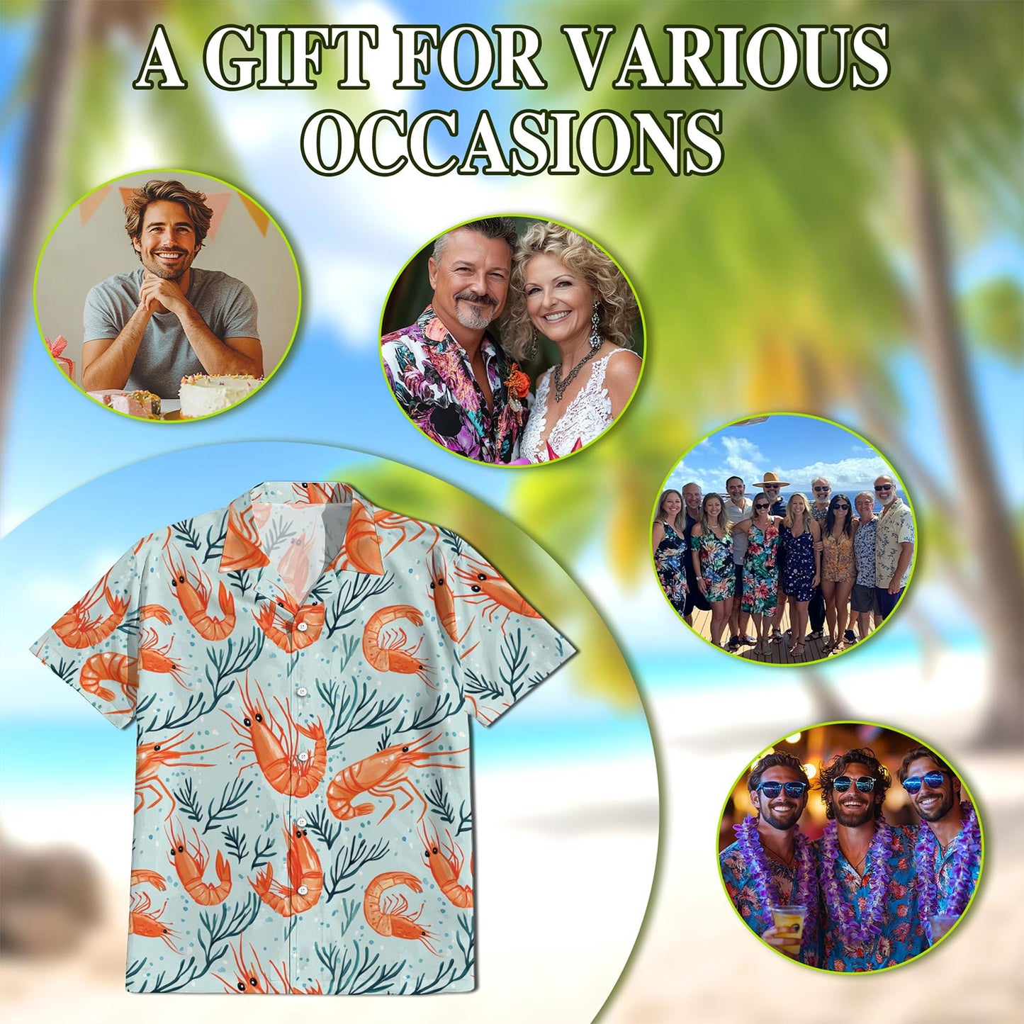 Netecom Vintage Shrimp Hawaiian Shirt for Men, Button Down Summer Beach Short Sleeve, Retro Style, Sizes S-5XL