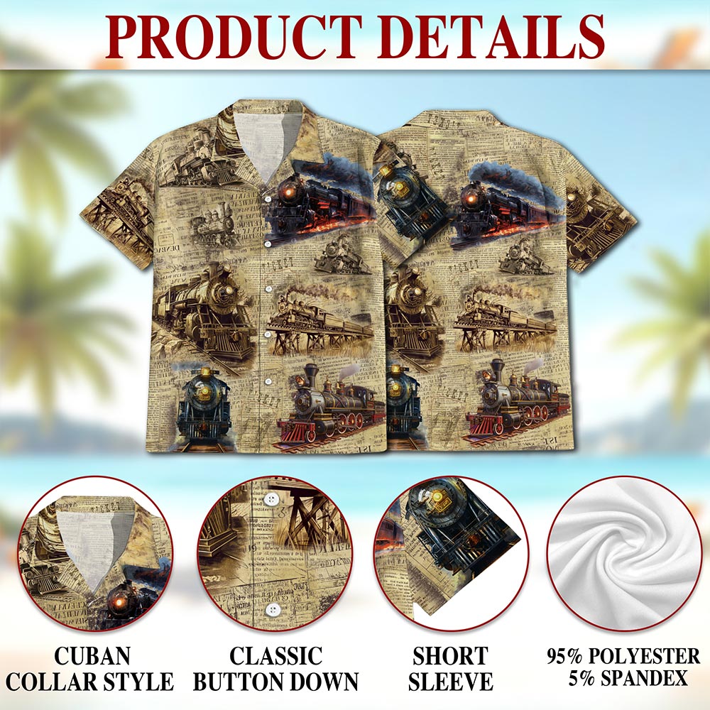 Netecom Vintage Train Hawaiian Shirt for Men Women, Station Railway Button Down Summer Aloha Beach Short Sleeve Shirts, S-5XL