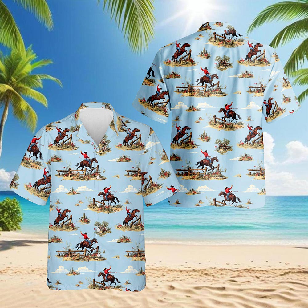 Netecom Vintage Western Cowboy Hawaiian Shirt for Men, Wild Horses Riding Button Down Summer Beach Short Sleeve Shirts, S-5XL