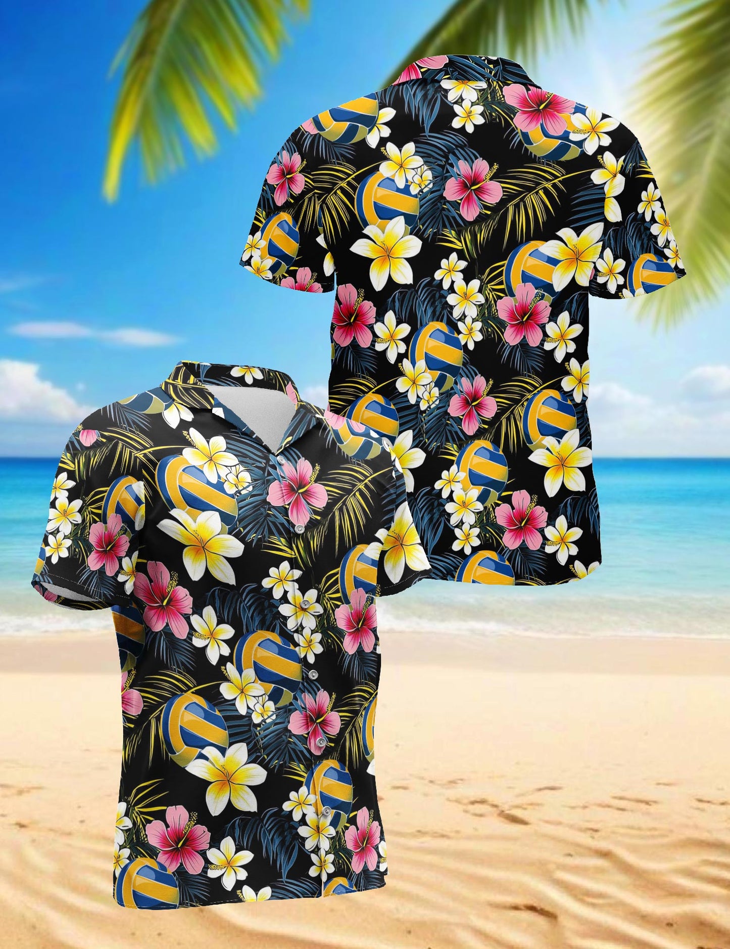 Netecom Volleyball Flower Hawaiian Shirt for Men, Tropical Style, Button Down Summer Beach Short Sleeve, Sizes S-5XL