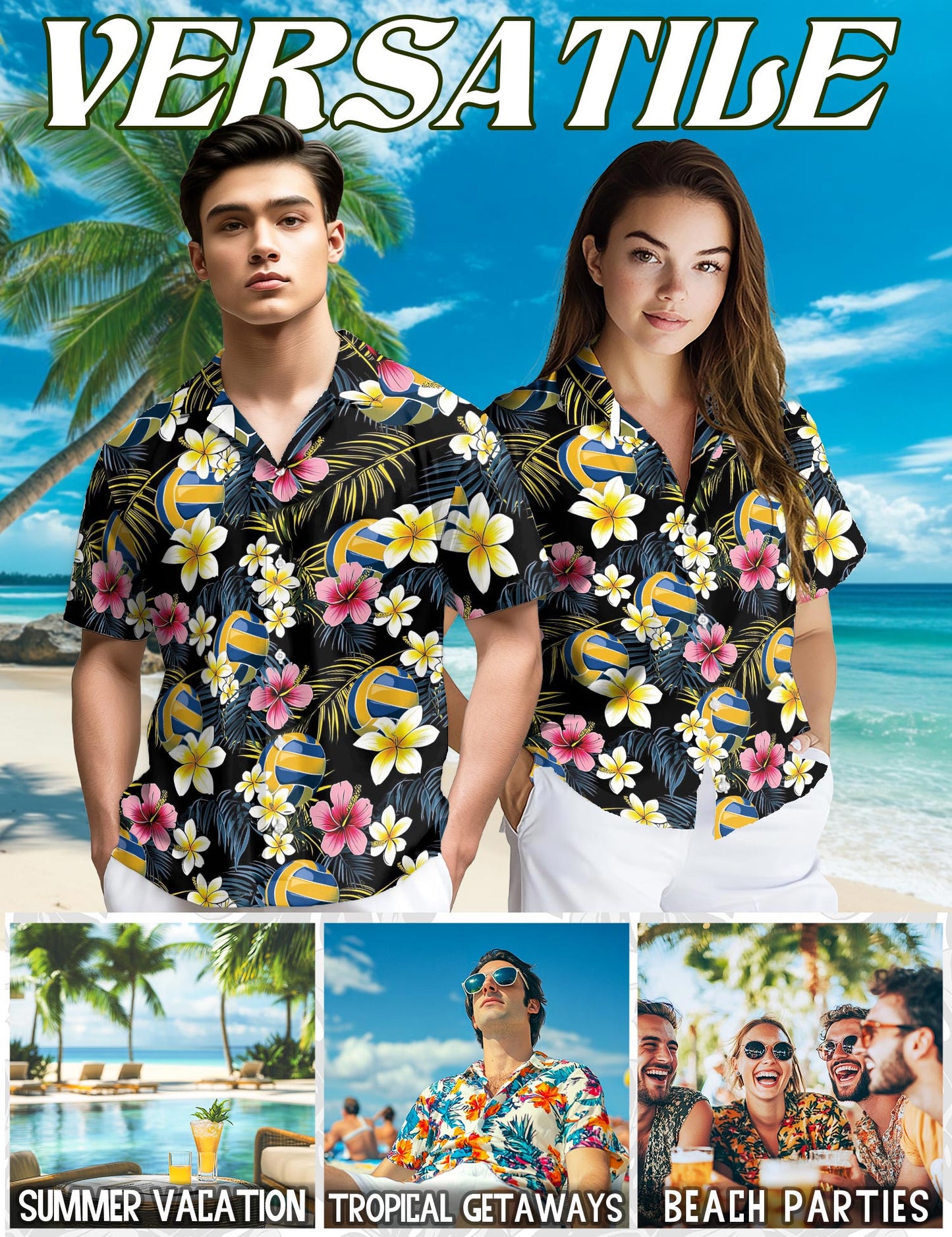 Netecom Volleyball Flower Hawaiian Shirt for Men, Tropical Style, Button Down Summer Beach Short Sleeve, Sizes S-5XL