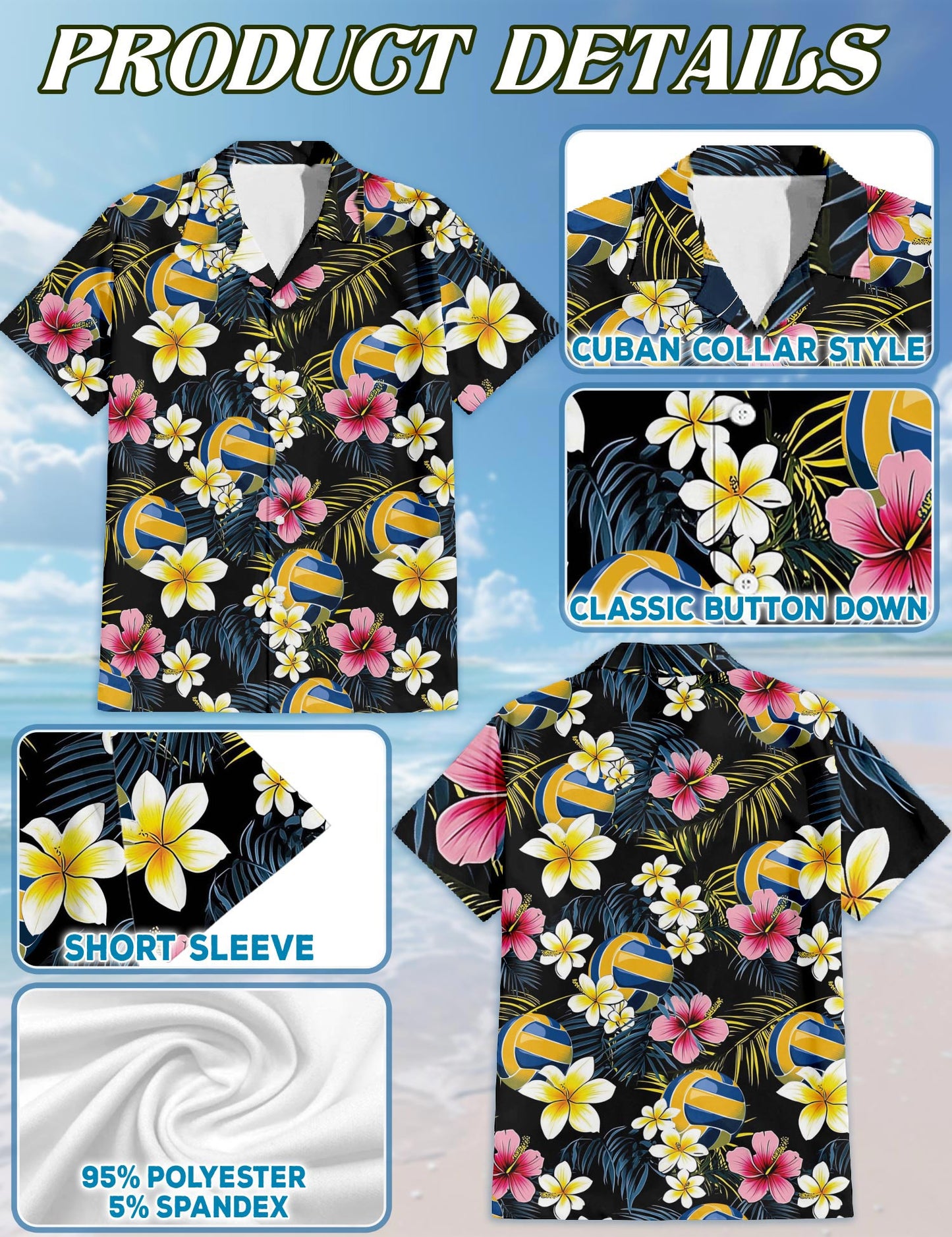 Netecom Volleyball Flower Hawaiian Shirt for Men, Tropical Style, Button Down Summer Beach Short Sleeve, Sizes S-5XL