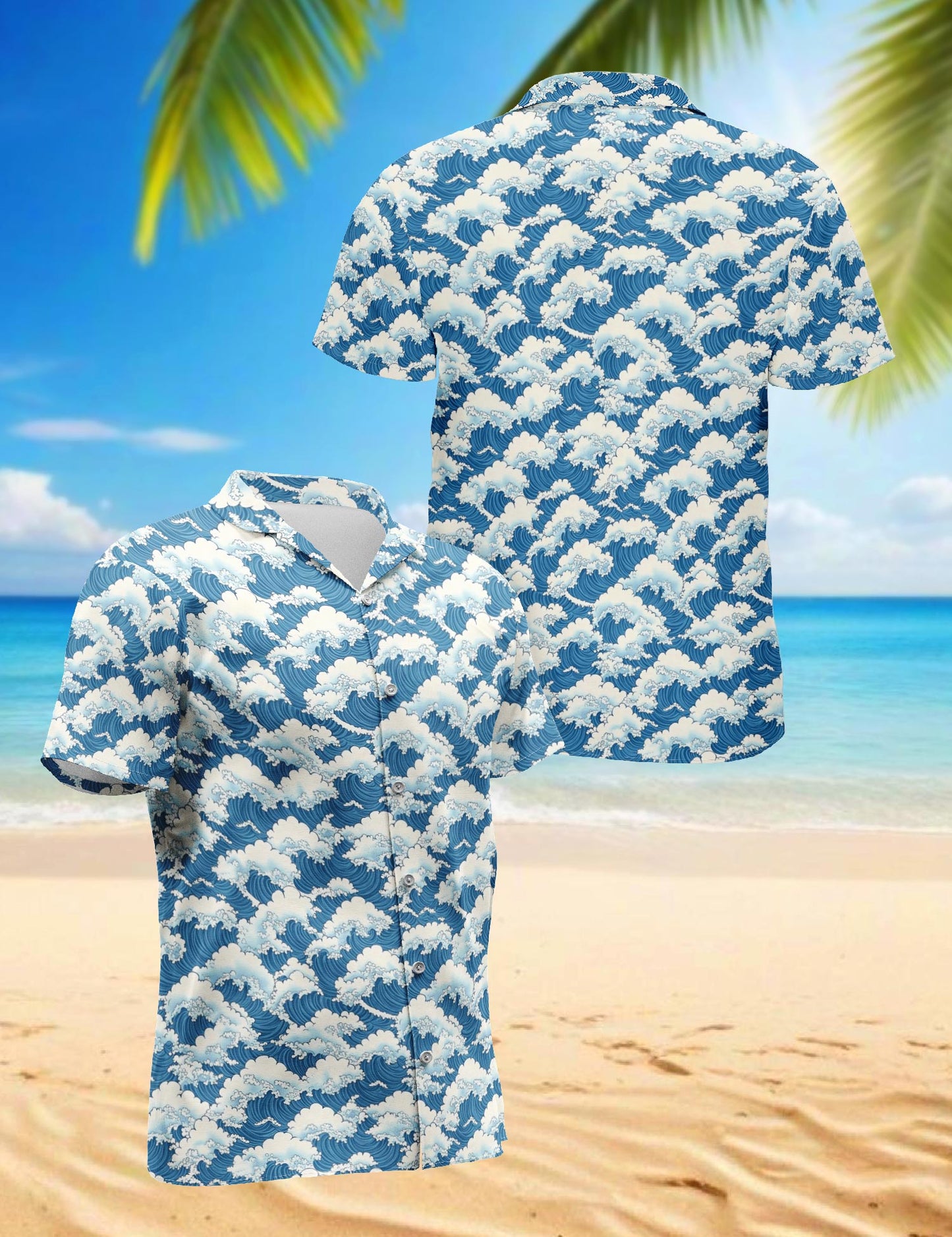 Netecom Wave Japan Style Hawaiian Shirt for Men, Button Down Summer Beach Short Sleeve, S-5XL