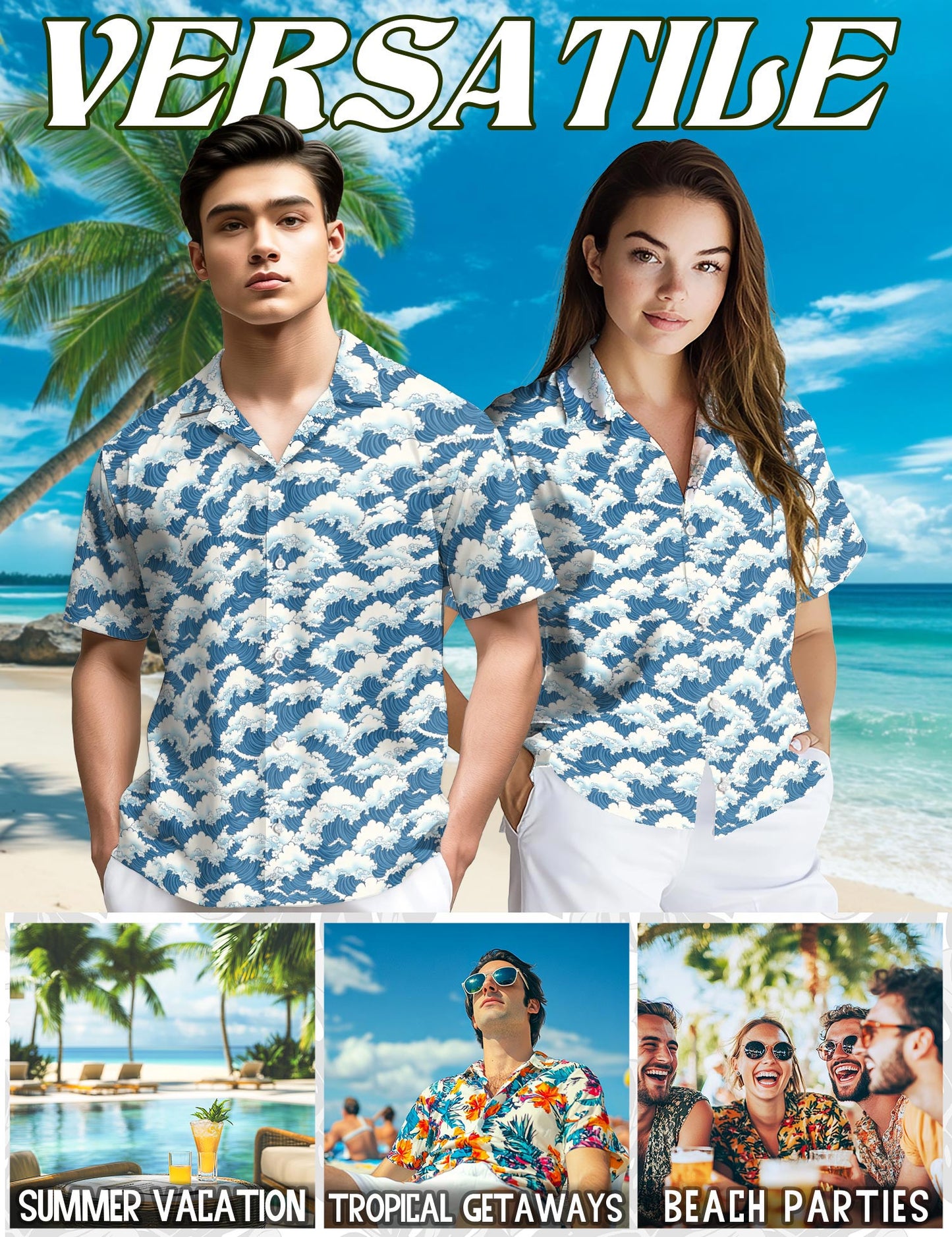 Netecom Wave Japan Style Hawaiian Shirt for Men, Button Down Summer Beach Short Sleeve, S-5XL