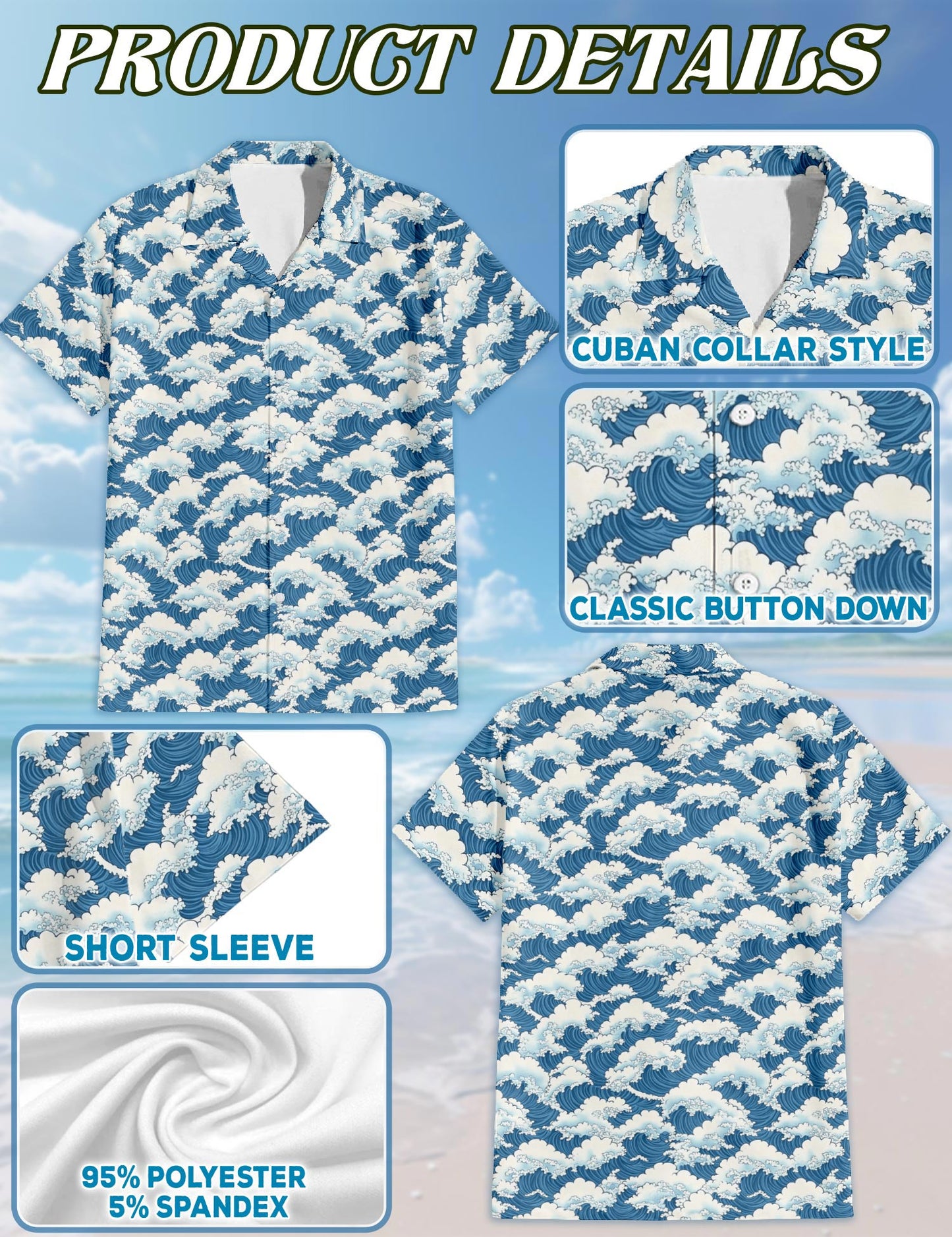 Netecom Wave Japan Style Hawaiian Shirt for Men, Button Down Summer Beach Short Sleeve, S-5XL