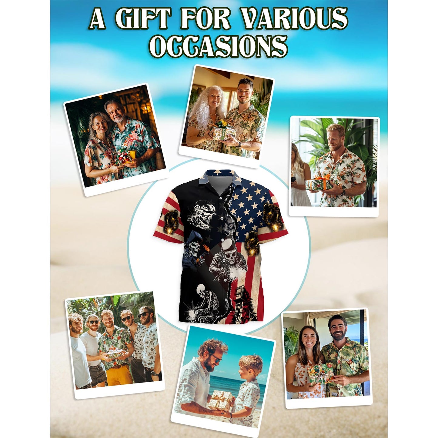 Netecom Welder Patriotic Hawaiian Shirt for Men, Button Down Summer Beach Short Sleeve, Patriotic Style, Sizes S-5XL