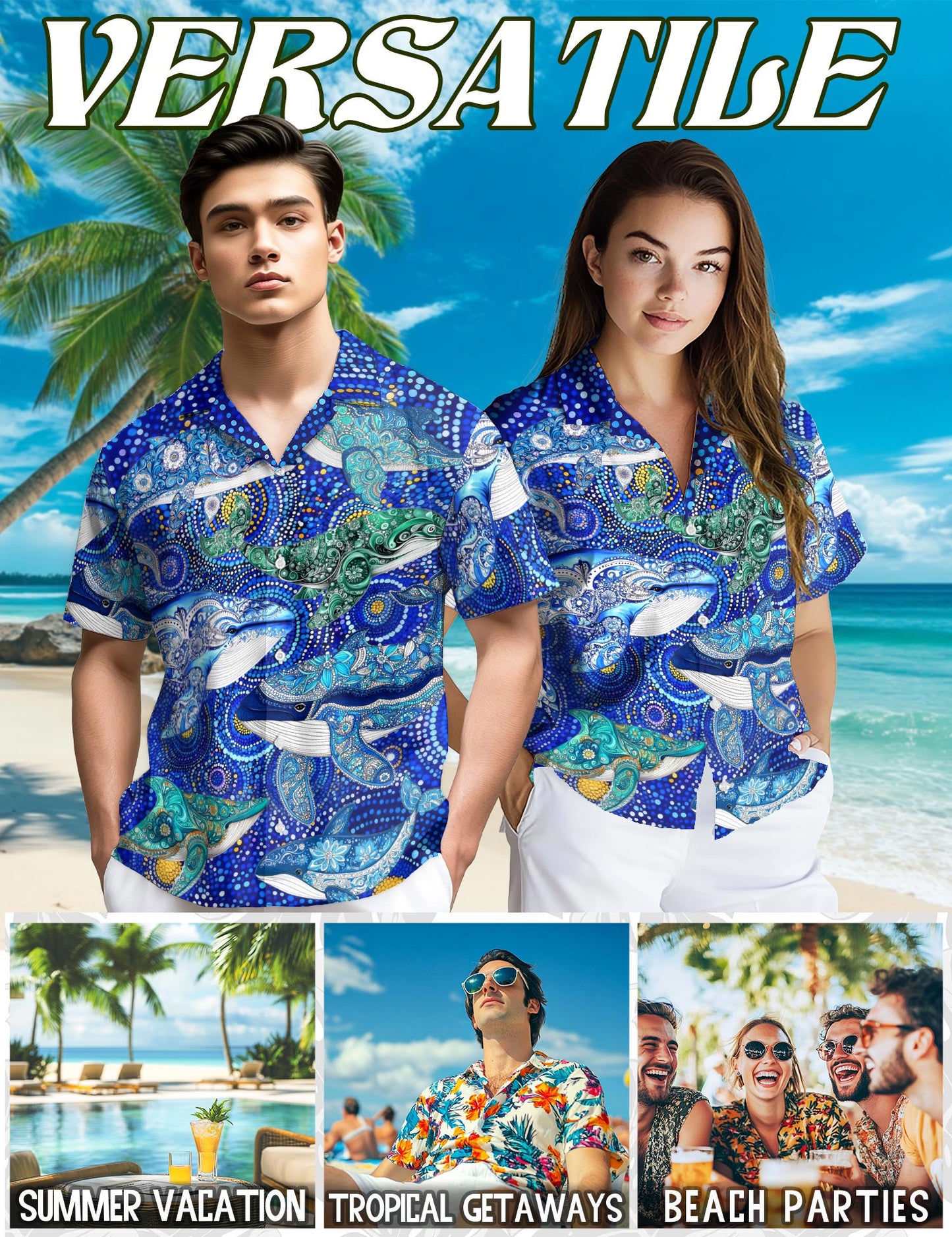 Netecom Whale Hawaiian Shirt for Men, Ocean Style, Button Down Summer Beach Short Sleeve, S-5XL