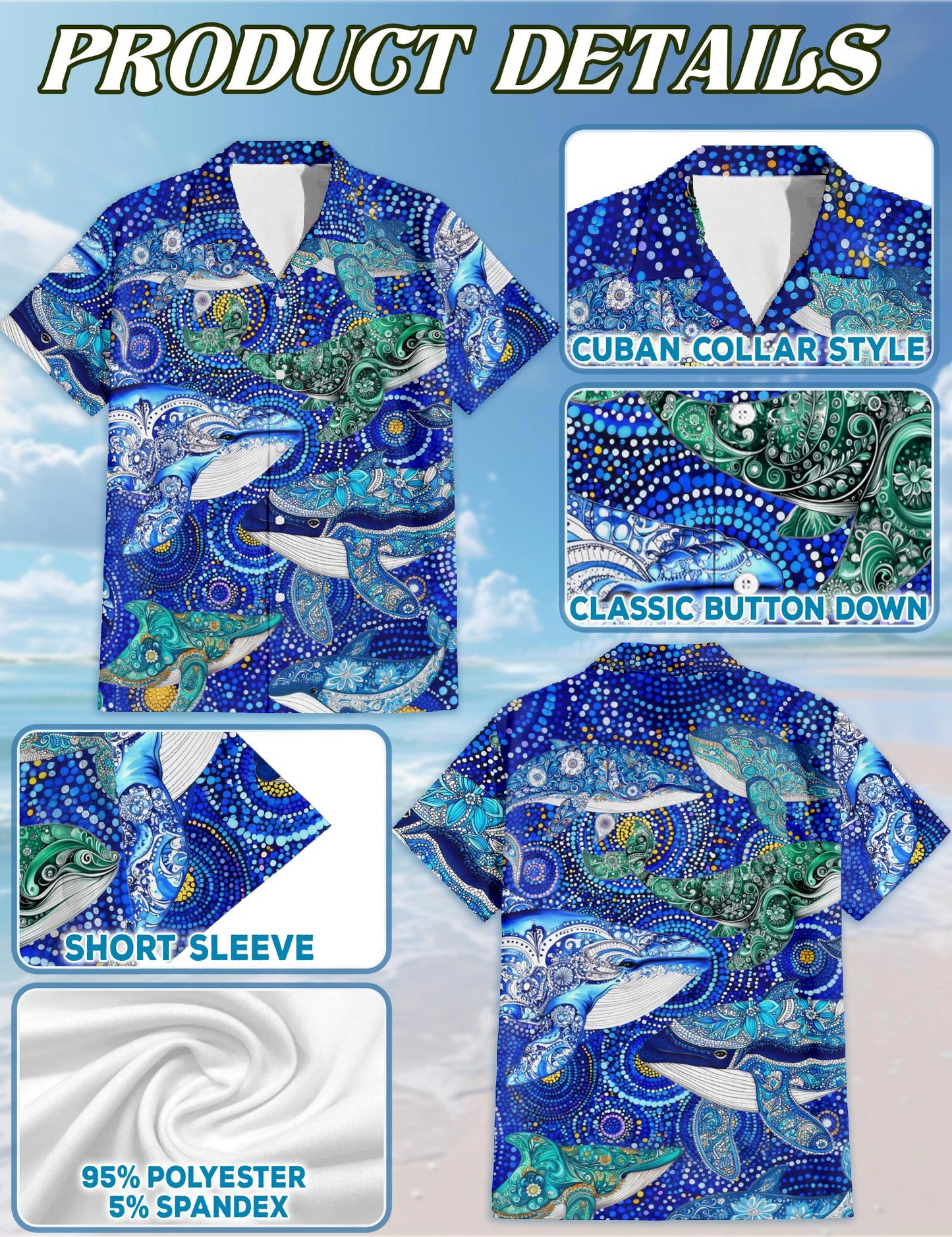 Netecom Whale Hawaiian Shirt for Men, Ocean Style, Button Down Summer Beach Short Sleeve, S-5XL