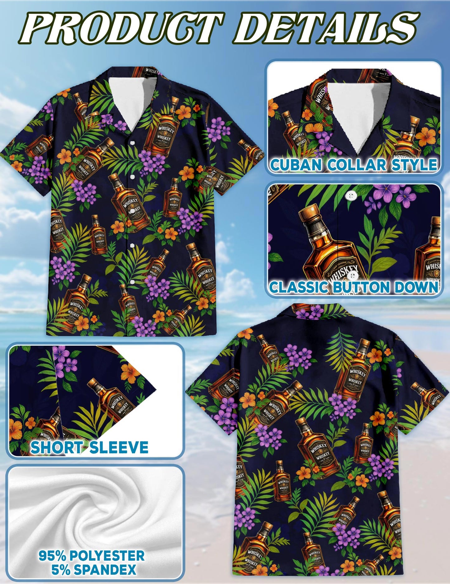 Netecom Whiskey Hawaiian Shirt for Men, Tropical Style, Button Down Summer Beach Short Sleeve, S-5XL