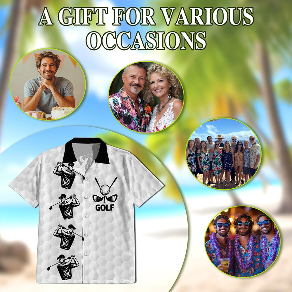 Netecom White Golf Ball Hawaiian Shirt for Men, Sporty Golf Style, Button Down Summer Beach Short Sleeve, S-5XL