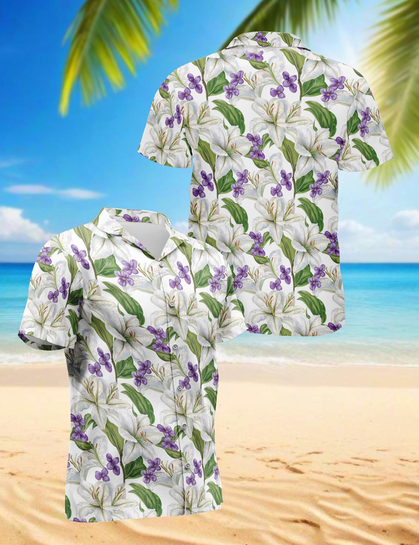 Netecom White Lilies With Violets Hawaiian Shirt for Men, Floral Lover Gifts, Tropical Button Down Summer Beach Short Sleeve Shirts, S-5XL