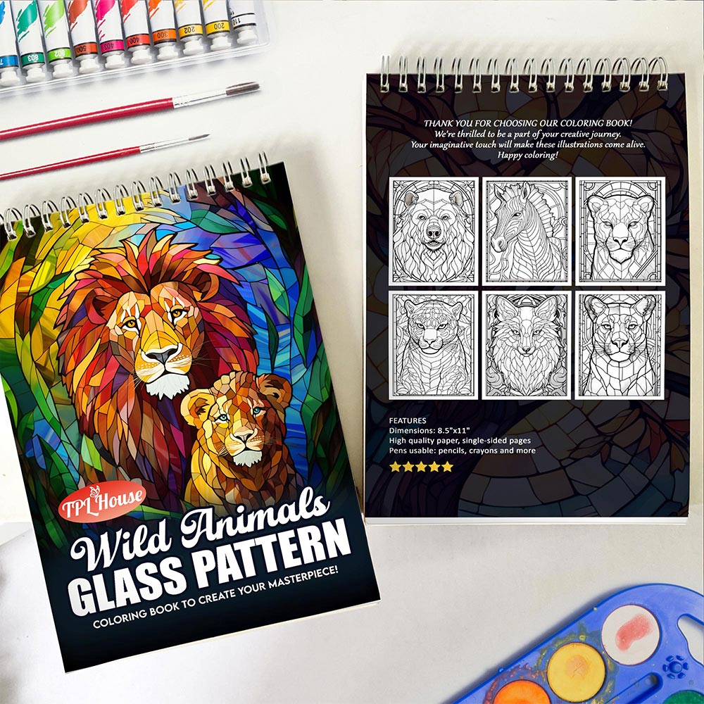Netecom Wild Animals Stained Glass Spiral Coloring Book for Adults