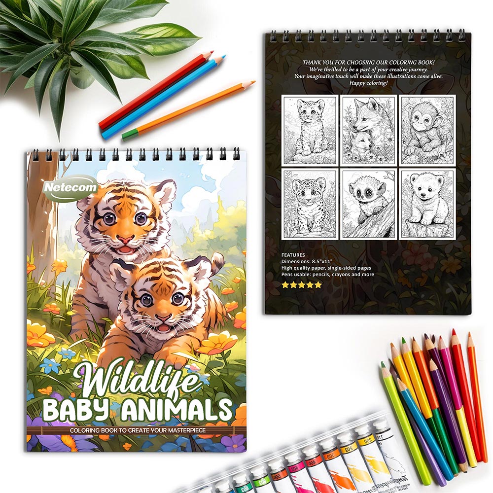 Netecom Wildlife Baby Animals Spiral Coloring Book for Adults
