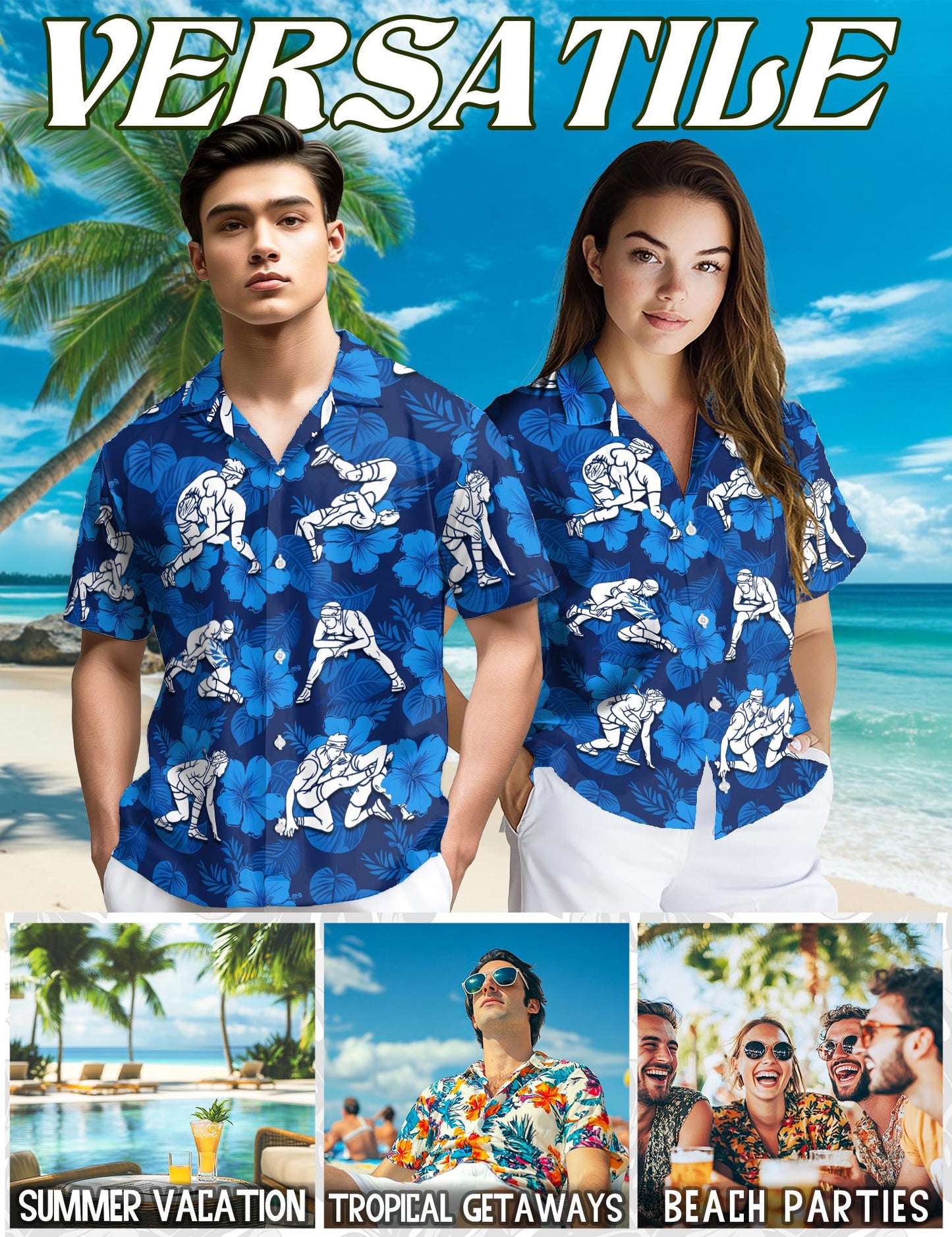 Netecom Wrestling Hawaiian Shirt for Men, Sporty Style, Button Down Summer Beach Short Sleeve, S-5XL