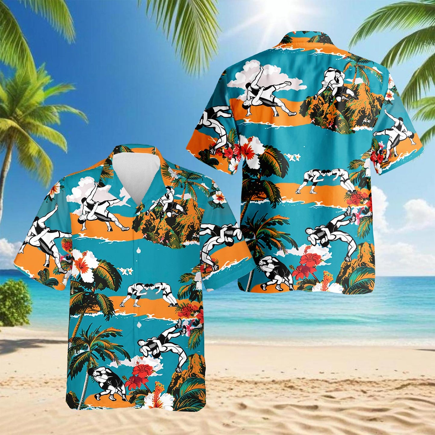 Netecom Wrestling On Beach Tropical Hawaiian Shirt for Men, Button Down Summer Beach Short Sleeve, Tropical Style, Sizes S-5XL