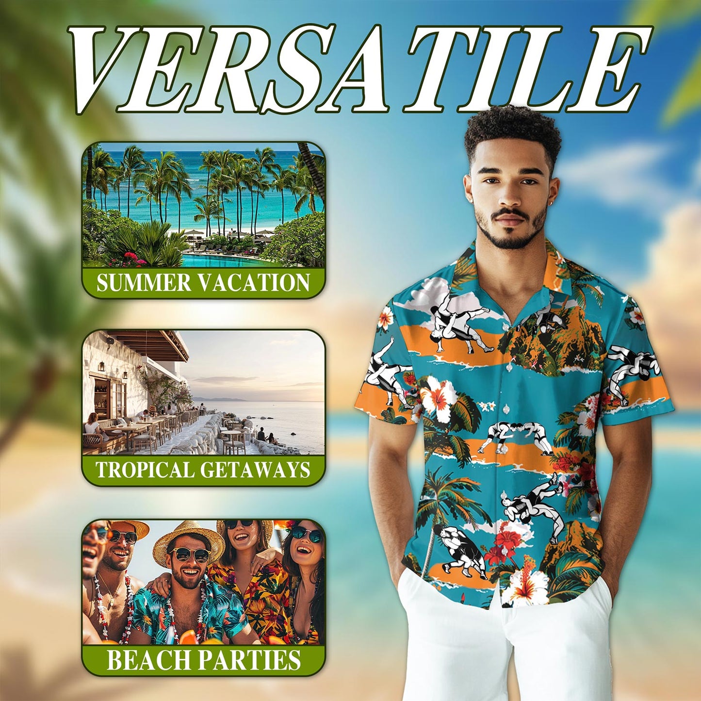 Netecom Wrestling On Beach Tropical Hawaiian Shirt for Men, Button Down Summer Beach Short Sleeve, Tropical Style, Sizes S-5XL