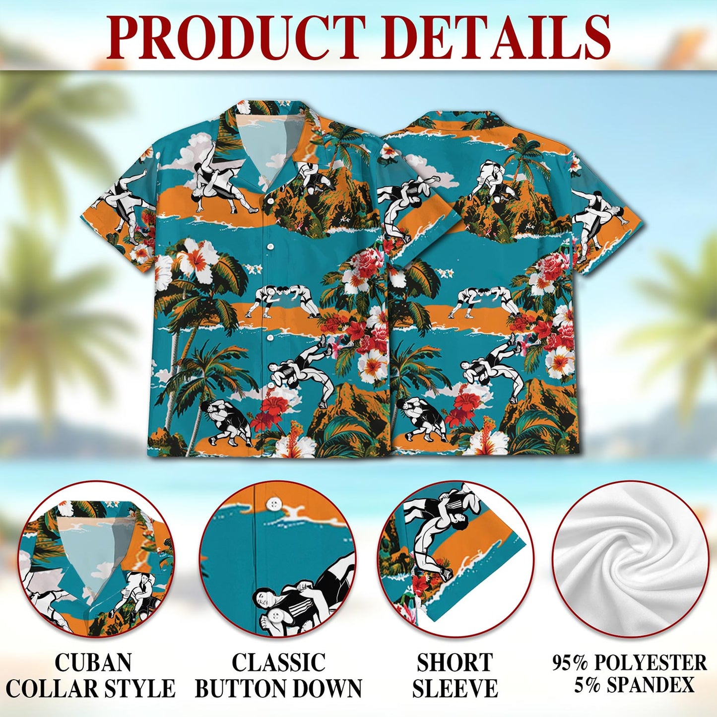 Netecom Wrestling On Beach Tropical Hawaiian Shirt for Men, Button Down Summer Beach Short Sleeve, Tropical Style, Sizes S-5XL