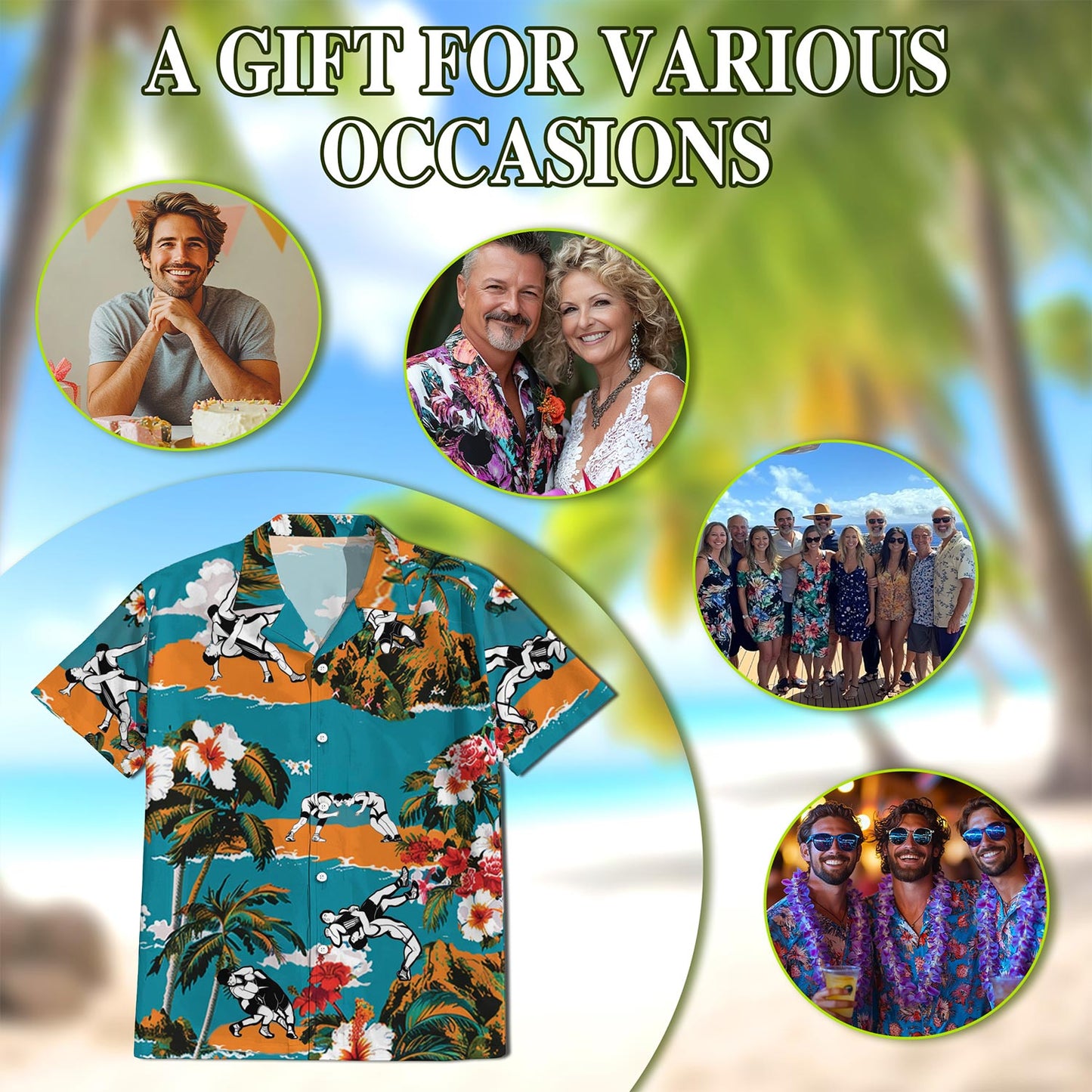 Netecom Wrestling On Beach Tropical Hawaiian Shirt for Men, Button Down Summer Beach Short Sleeve, Tropical Style, Sizes S-5XL