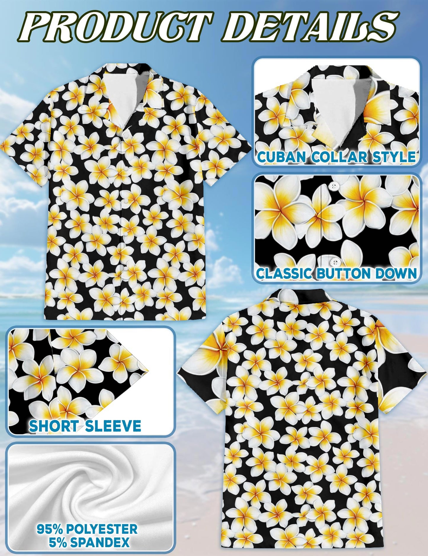 Netecom Yellow Plumeria Hawaiian Shirt for Men, Button Down Summer Beach Short Sleeve, Vintage Style, Sizes S-5XL