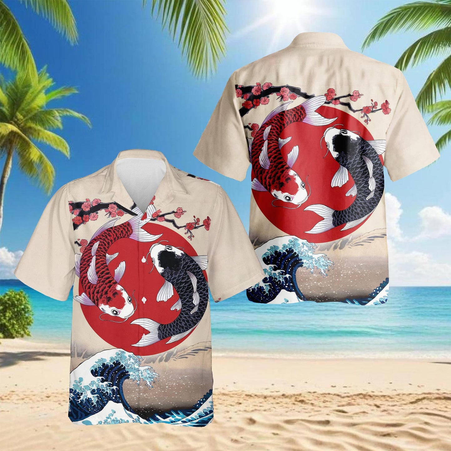 Netecom Yin Yang Koi Fish Hawaiian Shirt for Men, Button Down Summer Beach Short Sleeve, Sizes S-5XL