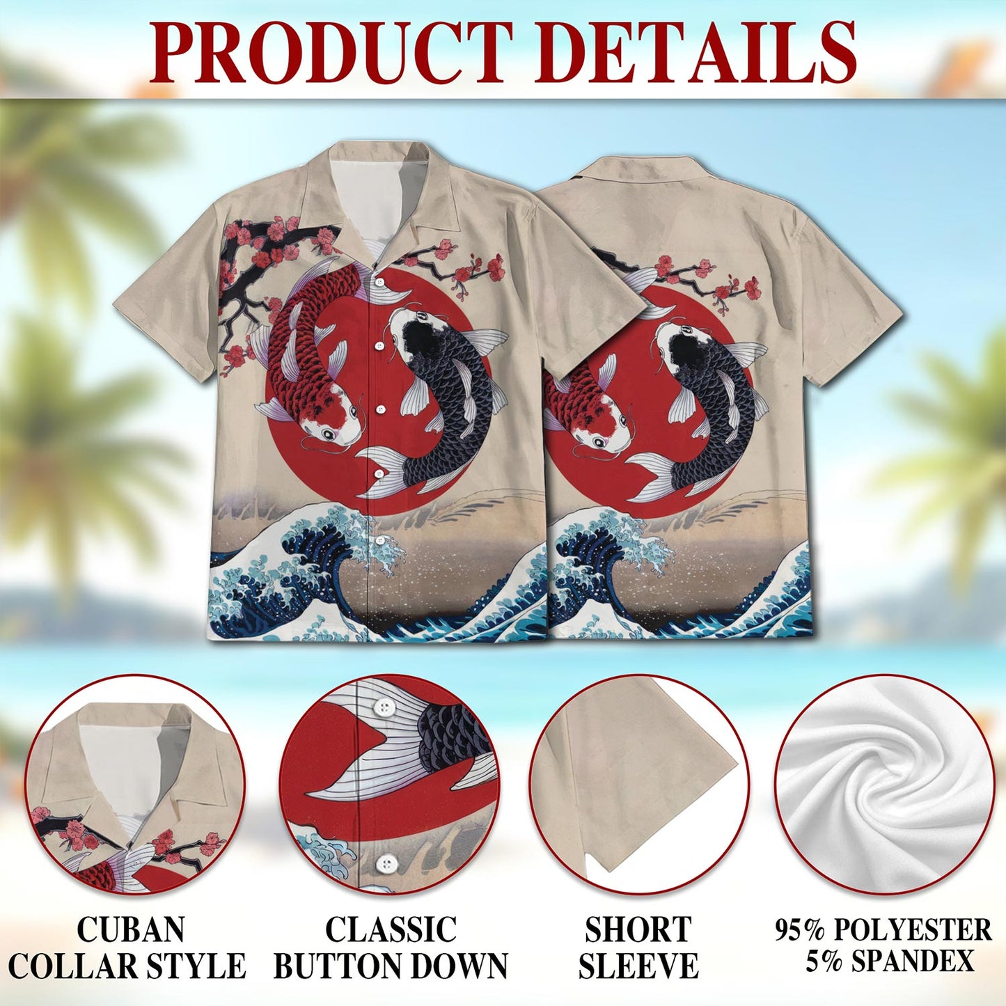 Netecom Yin Yang Koi Fish Hawaiian Shirt for Men, Button Down Summer Beach Short Sleeve, Sizes S-5XL
