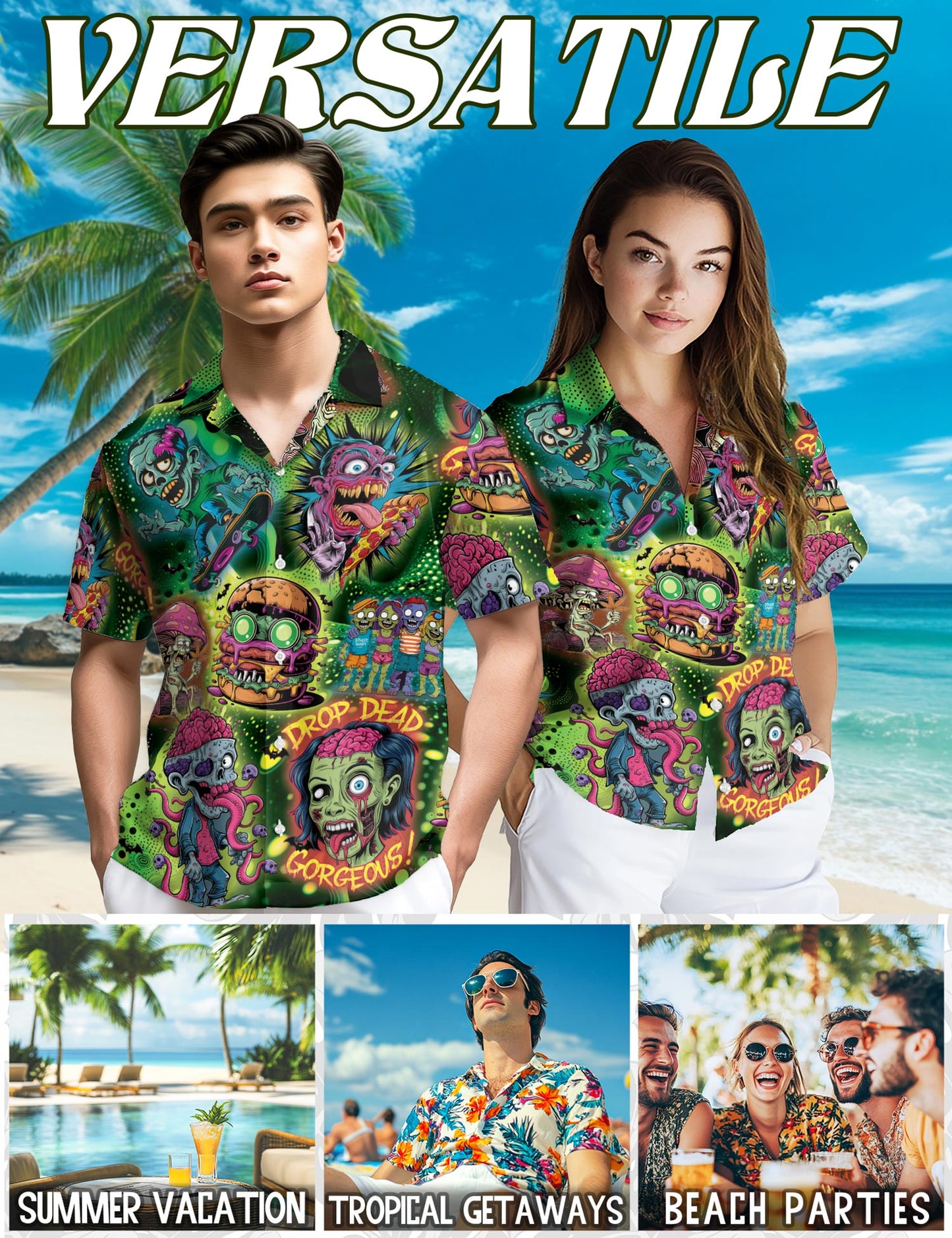 Netecom Zombie Hawaiian Shirt for Men, Funny Style, Button Down Summer Beach Short Sleeve, S-5XL