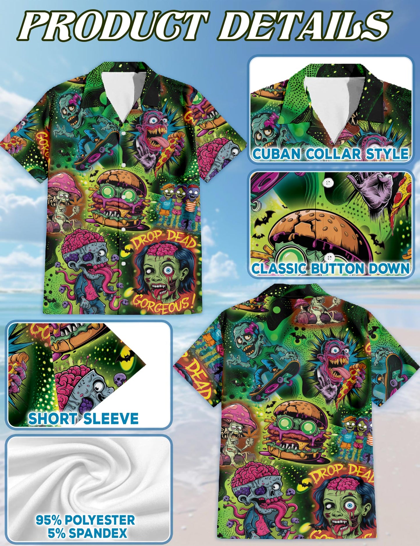 Netecom Zombie Hawaiian Shirt for Men, Funny Style, Button Down Summer Beach Short Sleeve, S-5XL