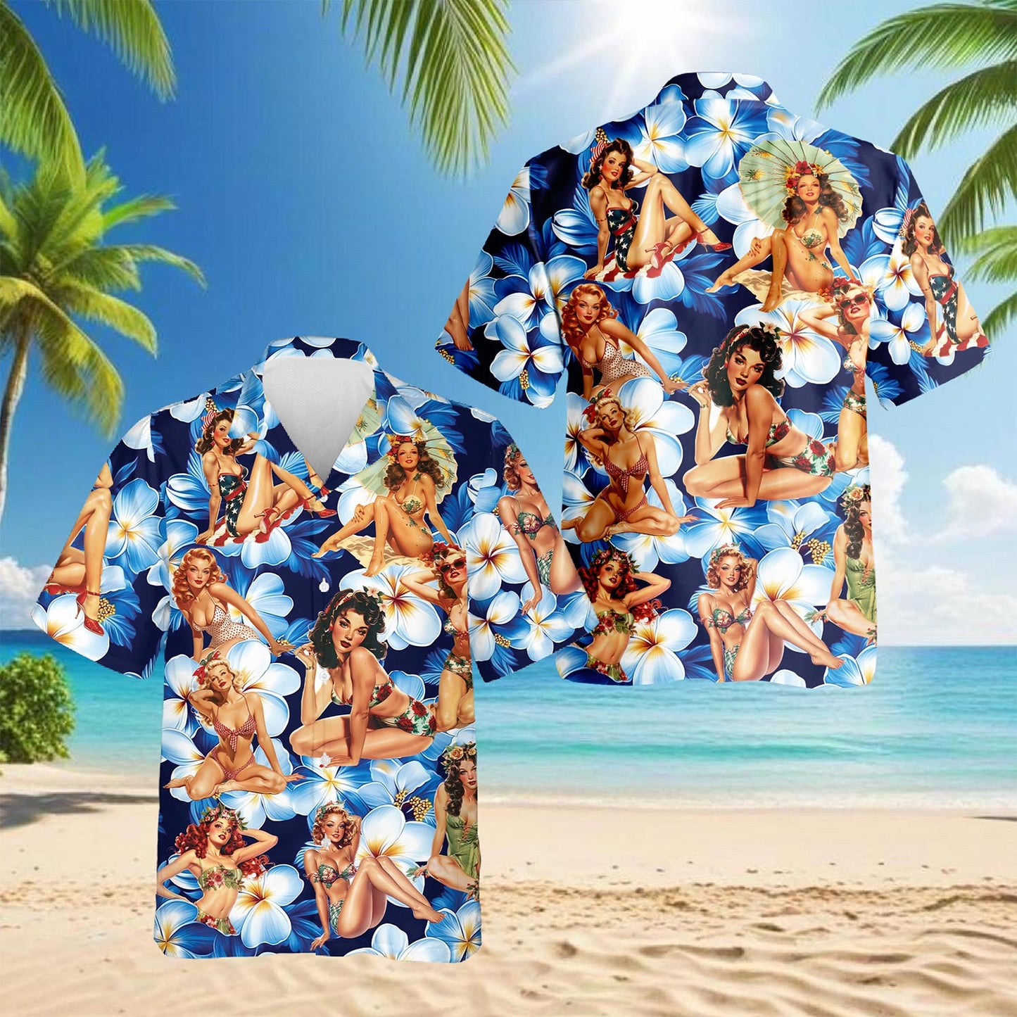 Netecom Tropical Pinup Girl Hawaiian Shirt for Men, Button Down Summer Beach Short Sleeve, S-5XL