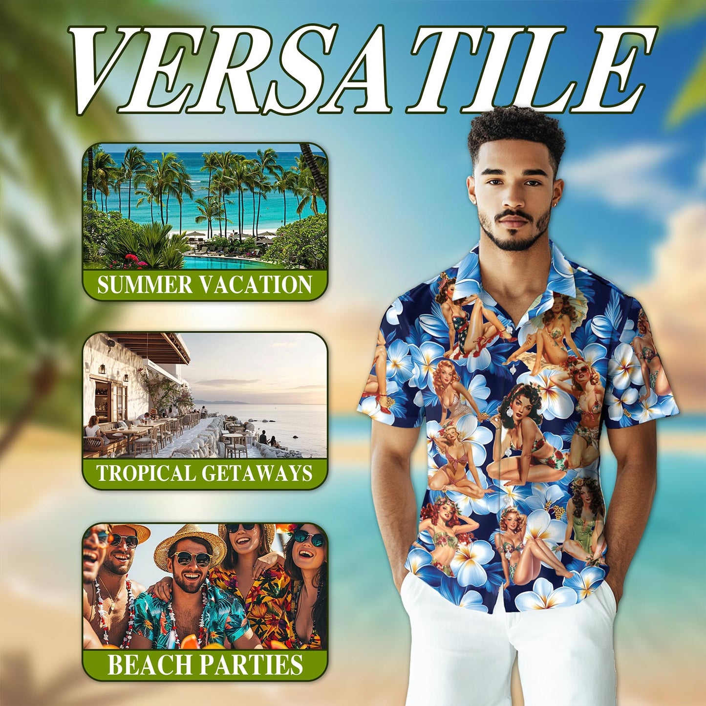Netecom Tropical Pinup Girl Hawaiian Shirt for Men, Button Down Summer Beach Short Sleeve, S-5XL