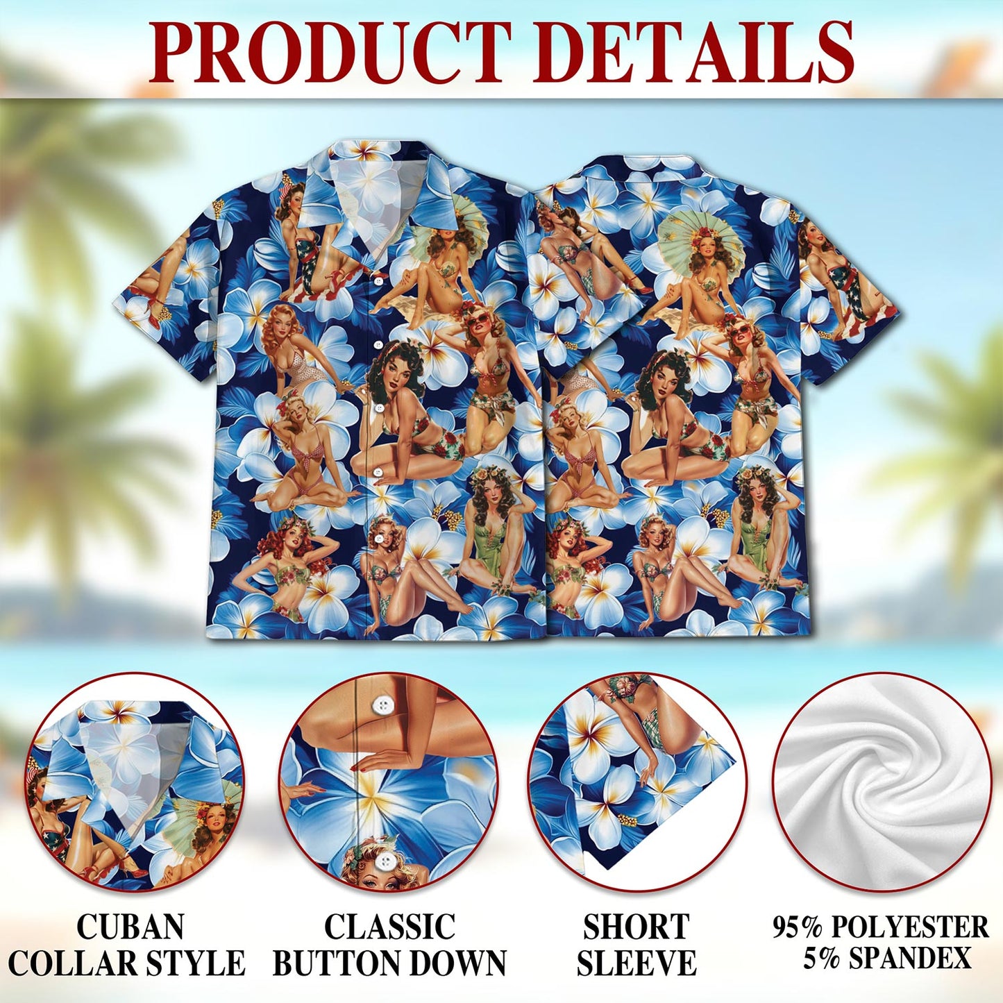 Netecom Tropical Pinup Girl Hawaiian Shirt for Men, Button Down Summer Beach Short Sleeve, S-5XL