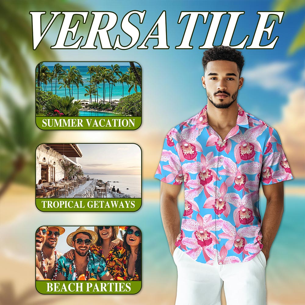 Netecom Pink Orchid Hawaiian Shirt for Men, Floral Lover Gifts, Tropical Button Down Summer Beach Short Sleeve Shirts, S-5XL