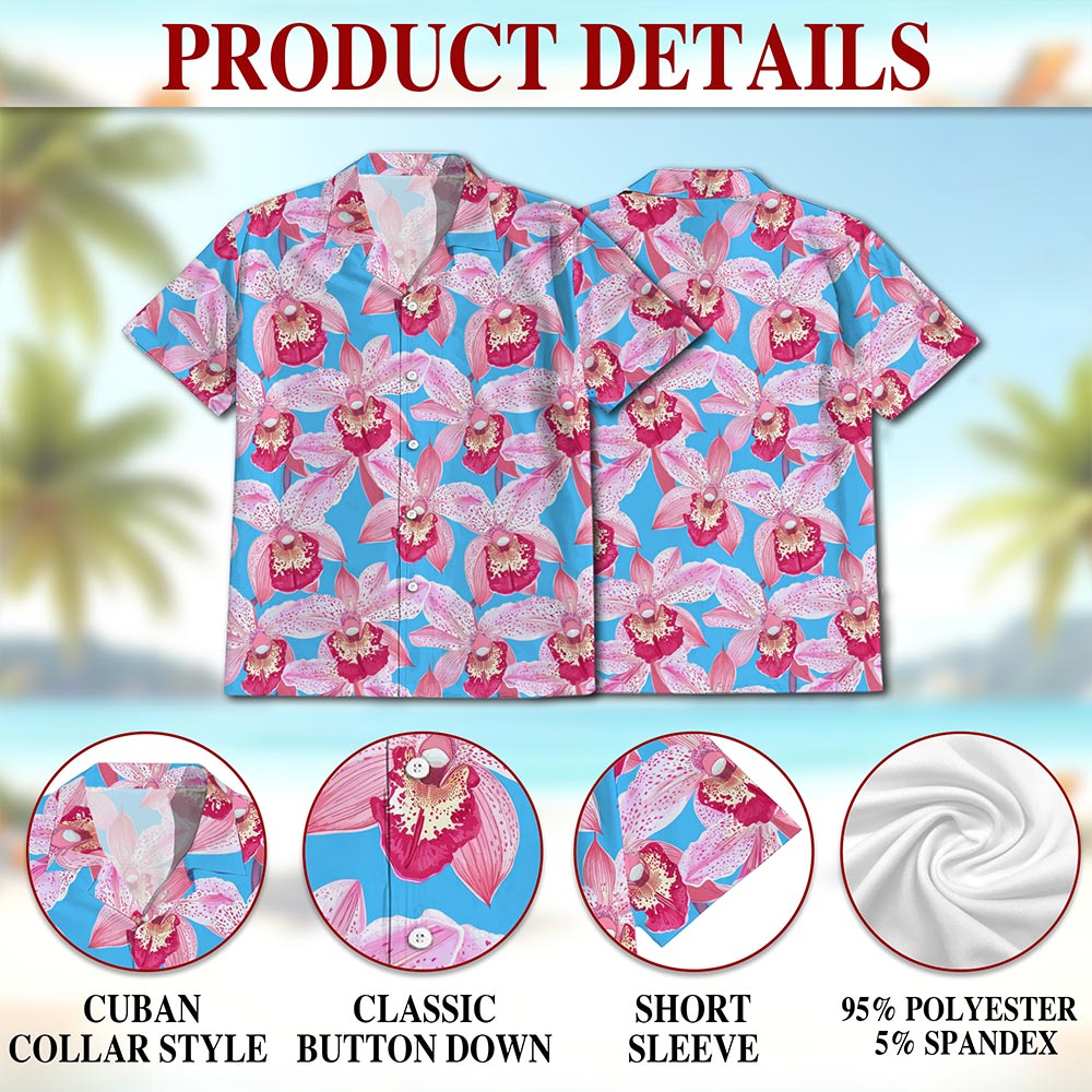 Netecom Pink Orchid Hawaiian Shirt for Men, Floral Lover Gifts, Tropical Button Down Summer Beach Short Sleeve Shirts, S-5XL