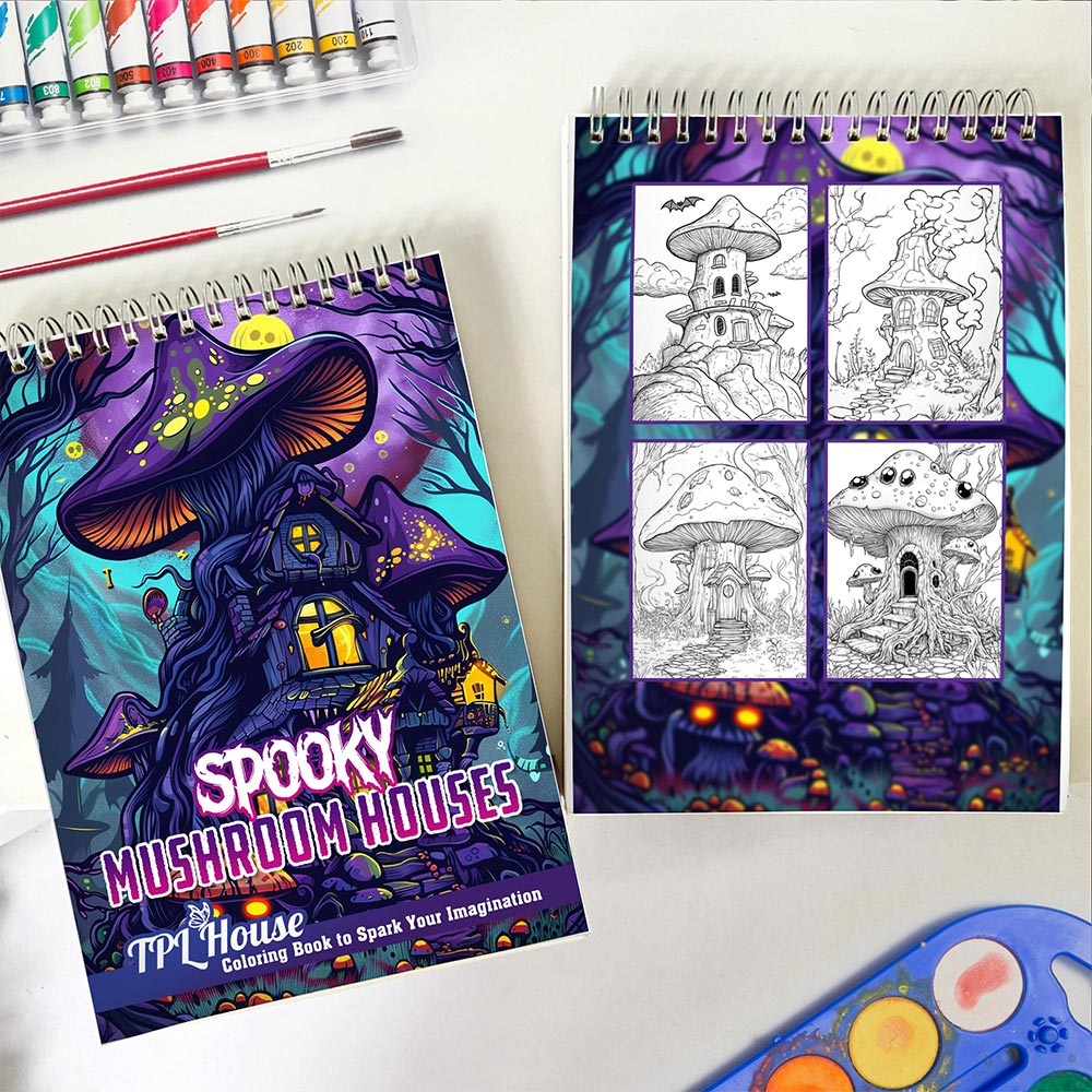 Spooky Mushroom Houses Coloring Book Spiral Bound for Adult