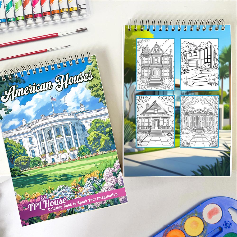 TPLHOUSE American Houses Spiral Coloring Book for Adults
