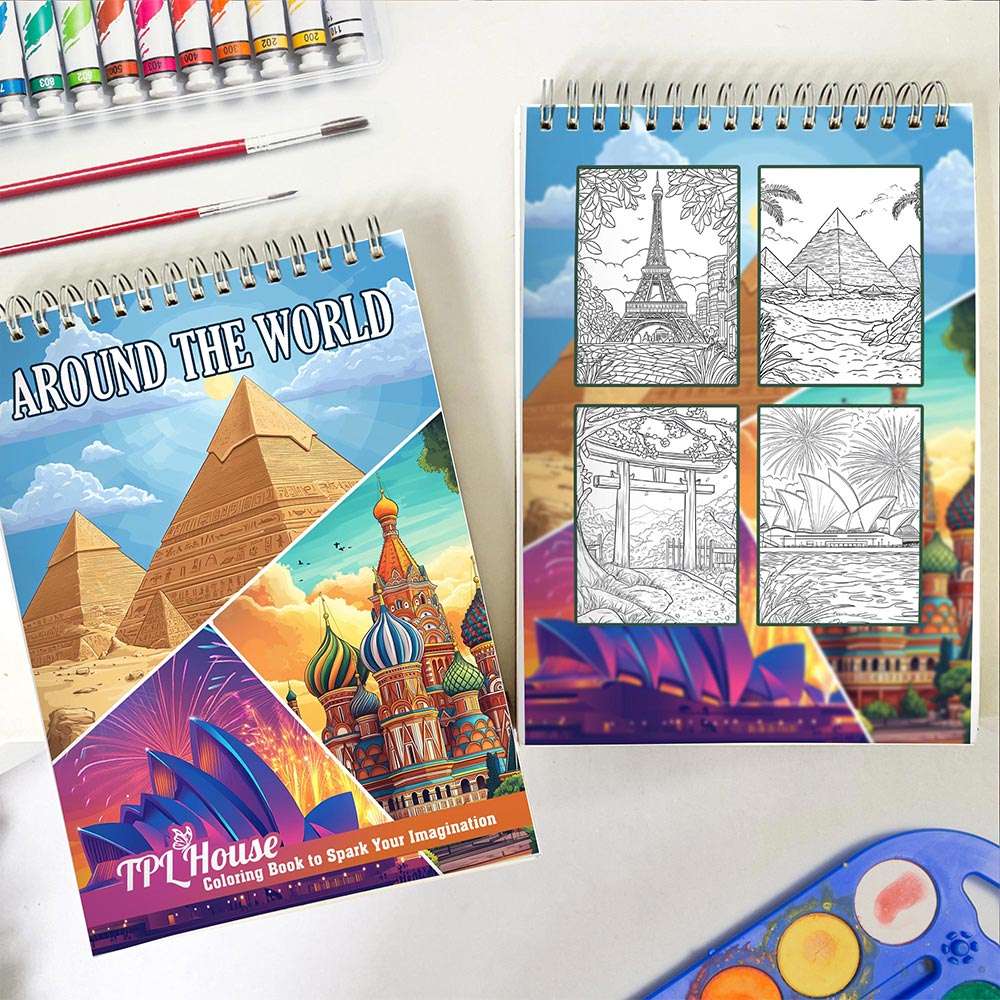 TPLHOUSE Around The World Spiral Coloring Book for Adults