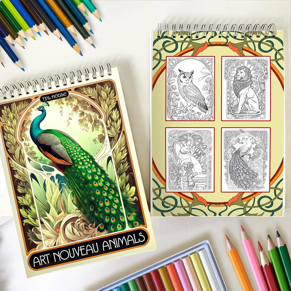 TPLHOUSE Art Nouveau Animals Spiral Coloring Book for Adults