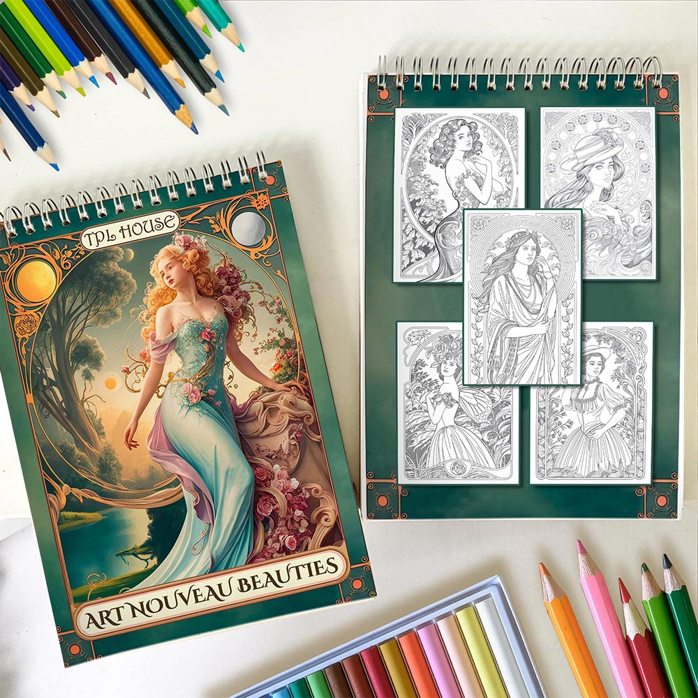 TPLHOUSE Art Nouveau Beauties Spiral Coloring Book for Adults