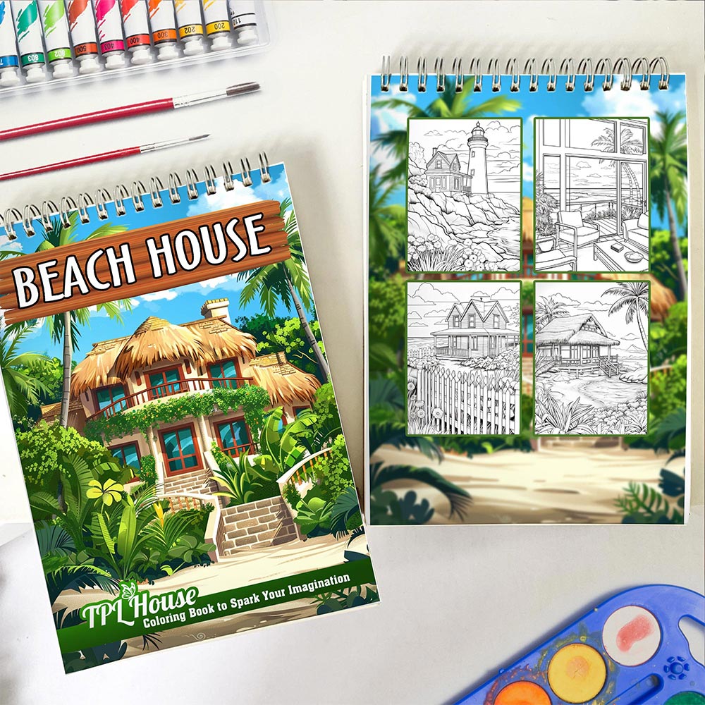 TPLHOUSE Beach House Spiral Coloring Book for Adults
