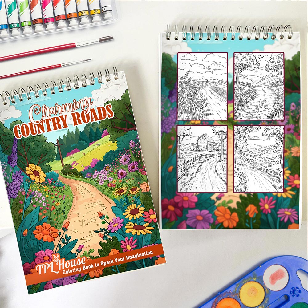 TPLHOUSE Charming Country Roads Spiral Coloring Book for Adults