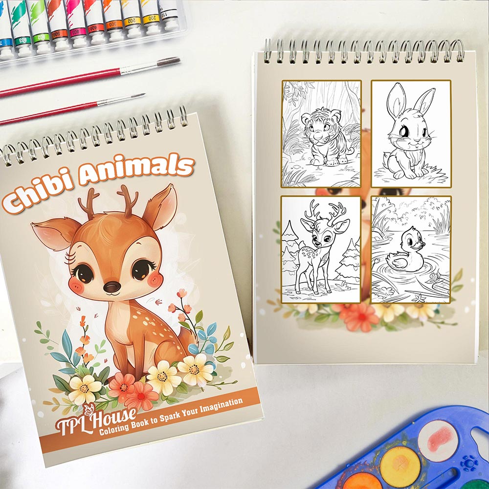 TPLHOUSE Chibi Animals Spiral Coloring Book for Adults