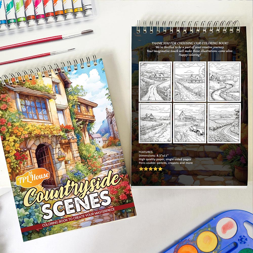 TPLHOUSE Countryside Scenes Spiral Coloring Book for Adult