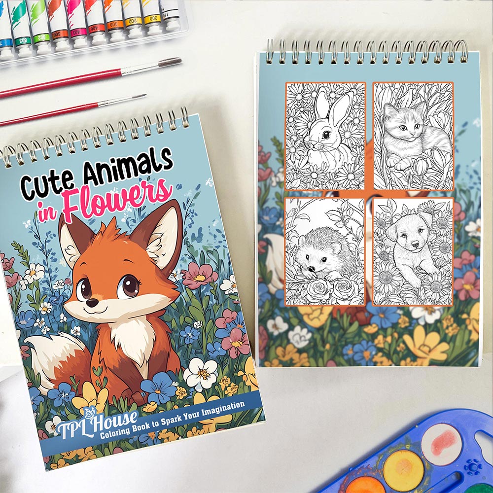 TPLHOUSE Cute Animals in Flowers Spiral Coloring Book for Adults