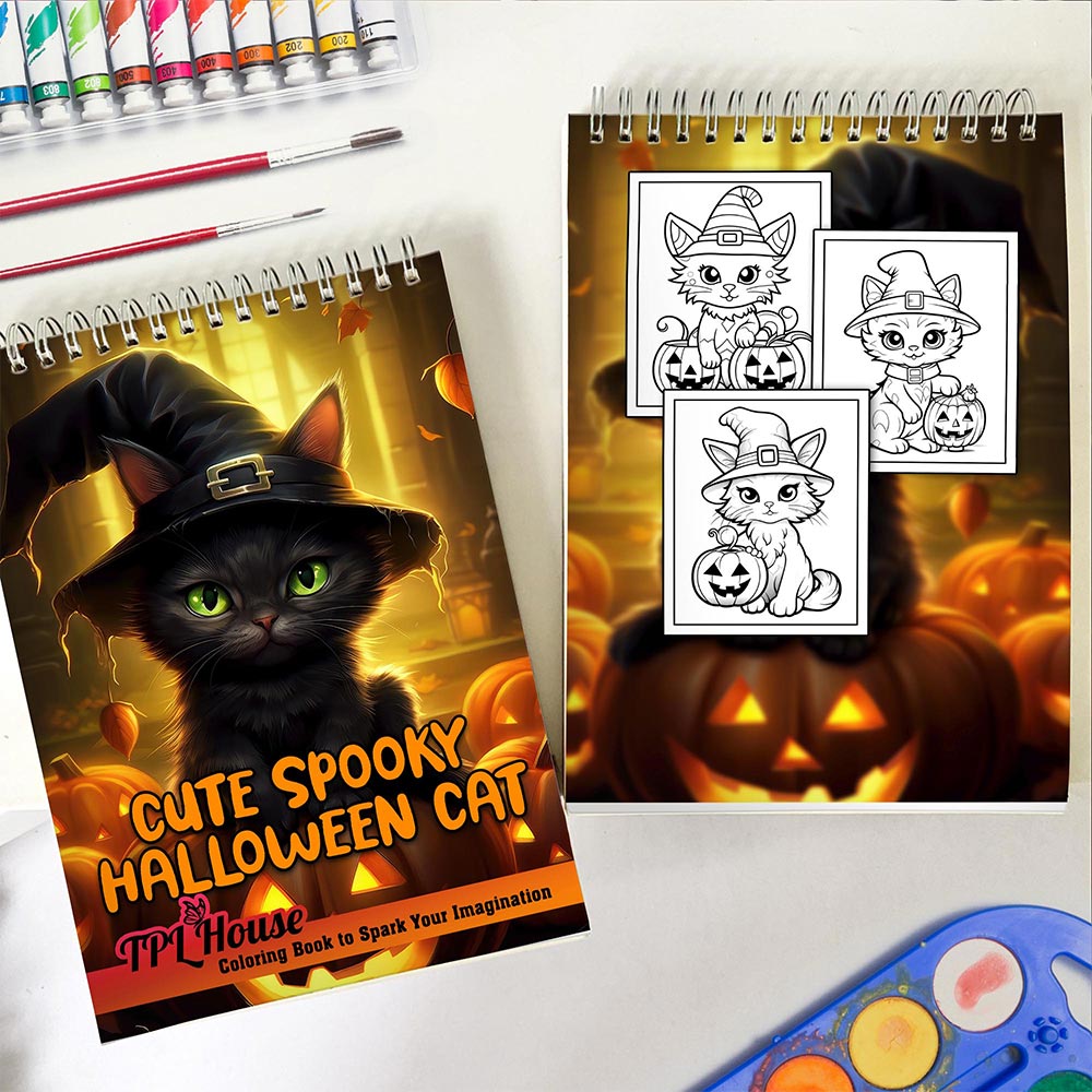 TPLHOUSE Cute Spooky Halloween Cat Spiral Coloring Book for Adult